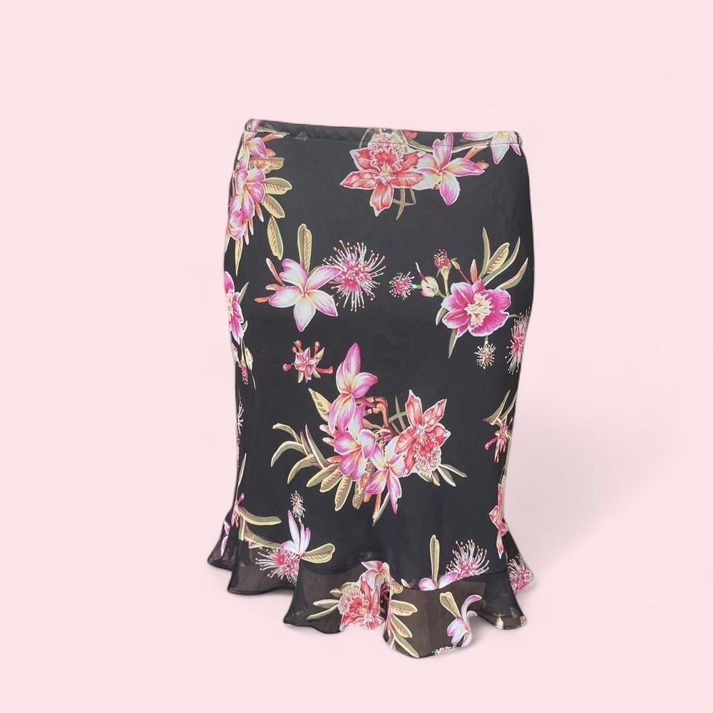 Black tropical floral mid or low rise chiffon midi skirt